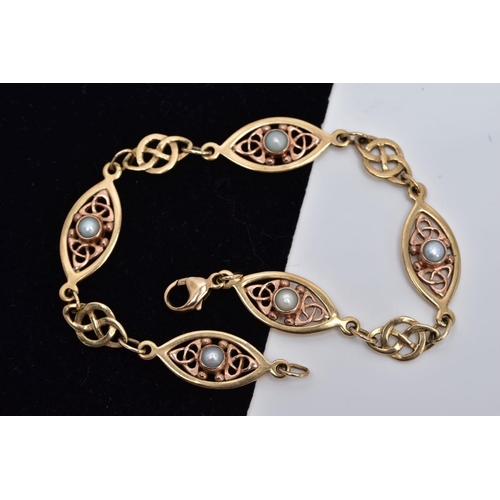 8 - A 9CT GOLD SPLIT PEARL CLOGAU BRACELET, designed with five rose and yellow gold Celtic pattern links... 