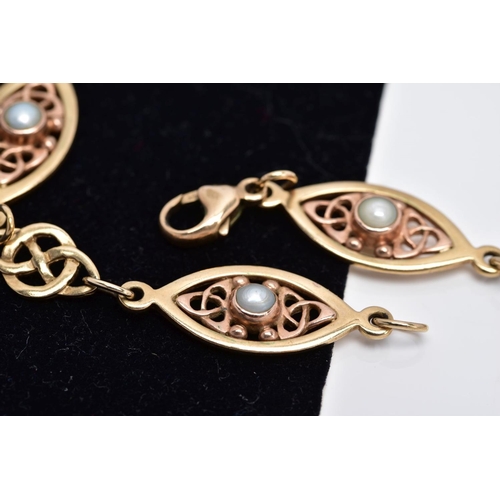 8 - A 9CT GOLD SPLIT PEARL CLOGAU BRACELET, designed with five rose and yellow gold Celtic pattern links... 