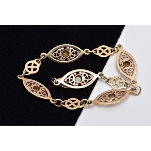 8 - A 9CT GOLD SPLIT PEARL CLOGAU BRACELET, designed with five rose and yellow gold Celtic pattern links... 