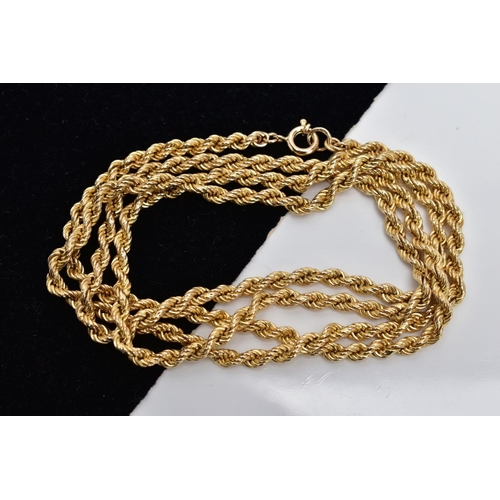 80 - A YELLOW METAL ROPE TWIST CHAIN, fitted with a spring clasp stamped '375', length 700mm, approximate... 