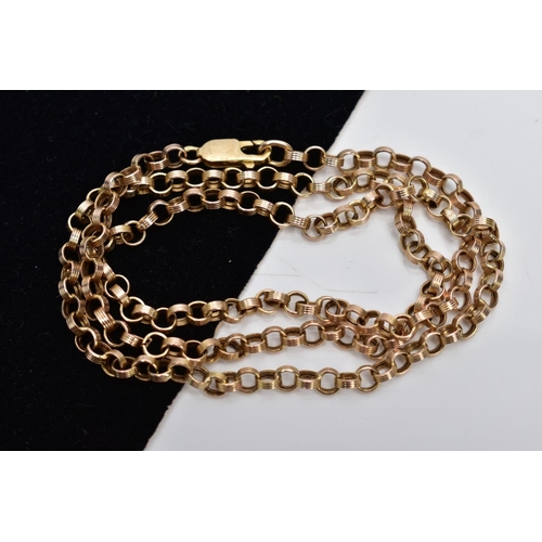 82 - A YELLOW METAL ROLO LINK CHAIN, textured rolo links fitted with a lobster claw clasp, stamped '375',... 