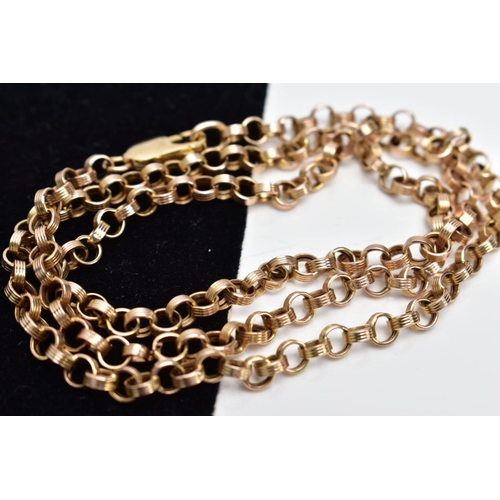 82 - A YELLOW METAL ROLO LINK CHAIN, textured rolo links fitted with a lobster claw clasp, stamped '375',... 