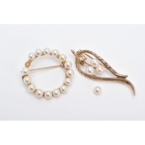 85 - TWO 9CT GOLD CULTURED PEARL SET BROOCHES, the first of an openwork circular form, set with cultured ... 