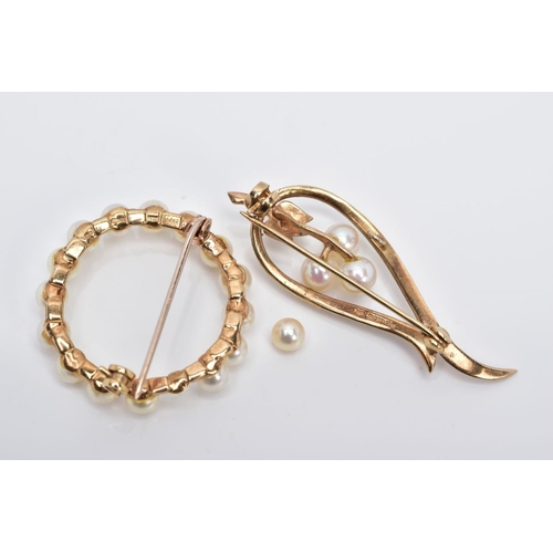 85 - TWO 9CT GOLD CULTURED PEARL SET BROOCHES, the first of an openwork circular form, set with cultured ... 