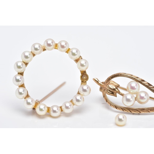 85 - TWO 9CT GOLD CULTURED PEARL SET BROOCHES, the first of an openwork circular form, set with cultured ... 