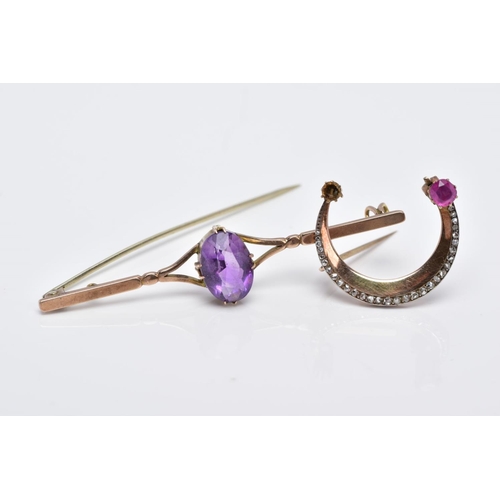 86 - TWO YELLOW METAL BROOCHES, the first bar brooch designed with a claw set oval cut amethyst, bifurcat... 