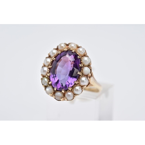 88 - A 9CT GOLD AMETHYST AND PEARL CLUSTER RING, designed with a central oval mix cut amethysts, within a... 