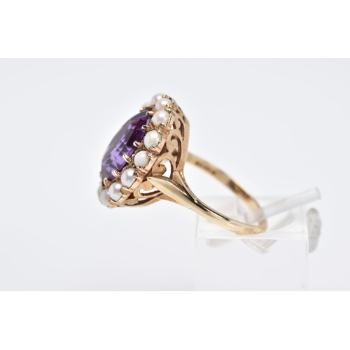 88 - A 9CT GOLD AMETHYST AND PEARL CLUSTER RING, designed with a central oval mix cut amethysts, within a... 