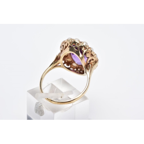 88 - A 9CT GOLD AMETHYST AND PEARL CLUSTER RING, designed with a central oval mix cut amethysts, within a... 