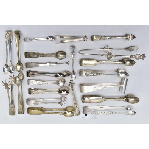 9 - A PAIR OF SILVER SUGAR TONGS AND TWENTY ONE OTHERS, to include a pair of George III bright cut sugar... 