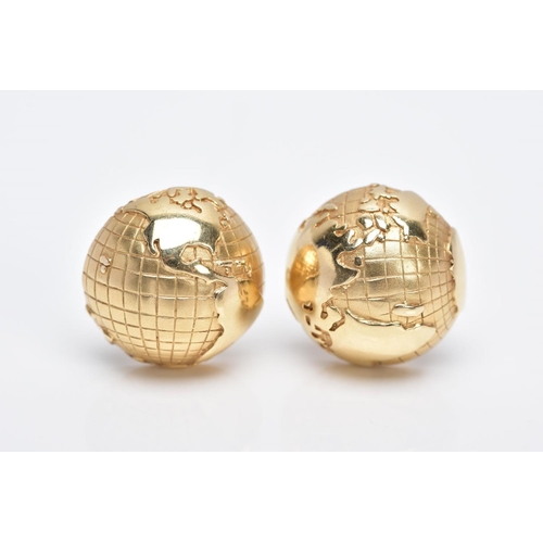 90 - A PAIR OF YELLOW METAL EARRINGS, each of a circular half globe design with post and clip fittings st... 