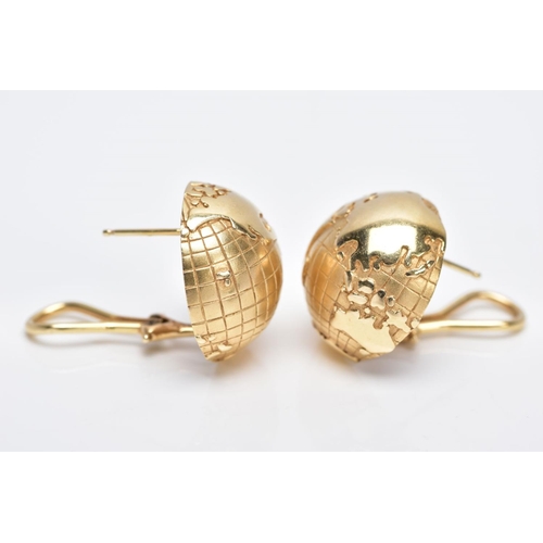 90 - A PAIR OF YELLOW METAL EARRINGS, each of a circular half globe design with post and clip fittings st... 