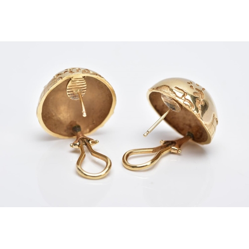 90 - A PAIR OF YELLOW METAL EARRINGS, each of a circular half globe design with post and clip fittings st... 