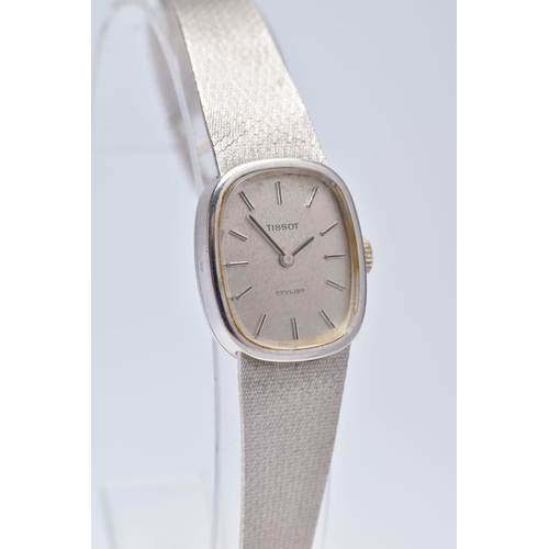 92 - A LADIES 14CT WHITE GOLD TISSOT WRISTWATCH, rounded square silver dial signed 'Tissot Stylist', bato... 