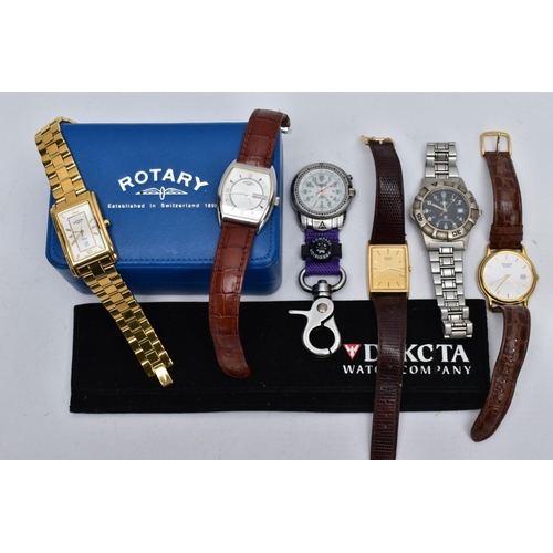 93 - A SELECTION OF WRISTWATCHES, to include a cased gent's 'Rotary' with a rounded square, silver textur... 