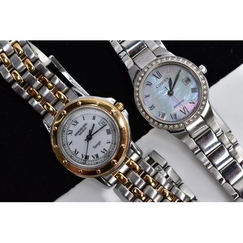 94 - TWO LADIES WRISTWATCHES, the first designed with a circular mother of pearl dial signed 'Citizen Eco... 