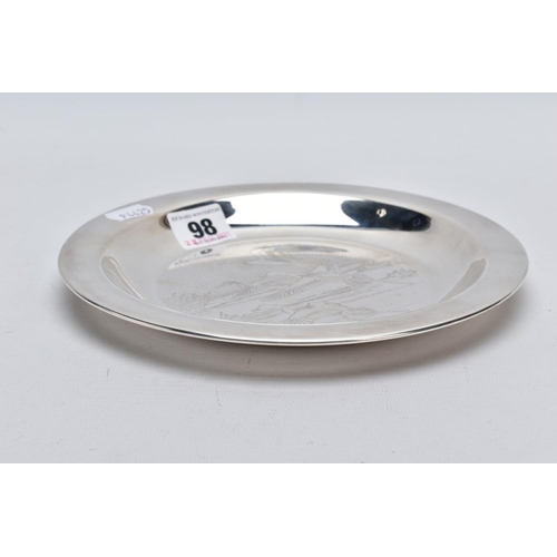 98 - A SILVER DISH, engraved ducks in mid flight scene to the centre of the dish, plain polished rim, hal... 