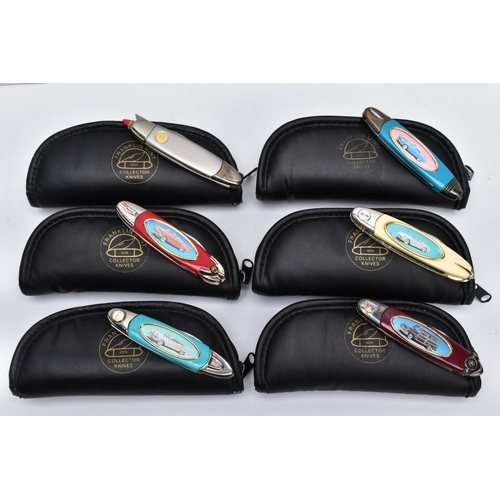 99 - SIX FRANKLIN MINT COLLECTOR KNIVES, all displaying classic cars to the handle and their names to the... 