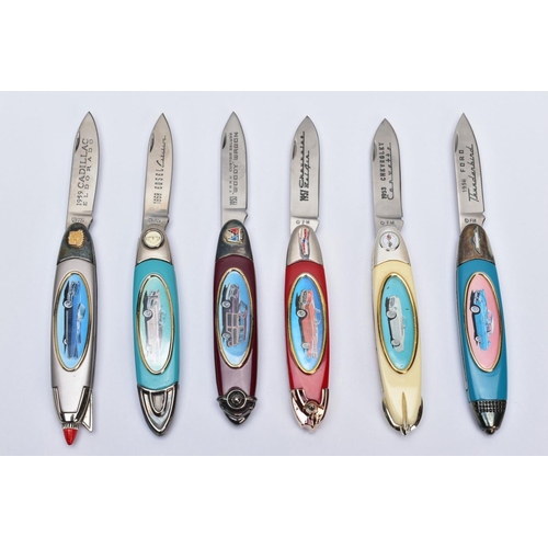 99 - SIX FRANKLIN MINT COLLECTOR KNIVES, all displaying classic cars to the handle and their names to the... 