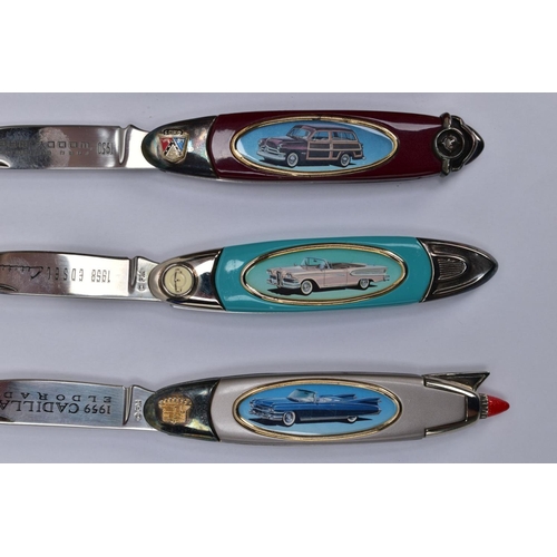 99 - SIX FRANKLIN MINT COLLECTOR KNIVES, all displaying classic cars to the handle and their names to the... 