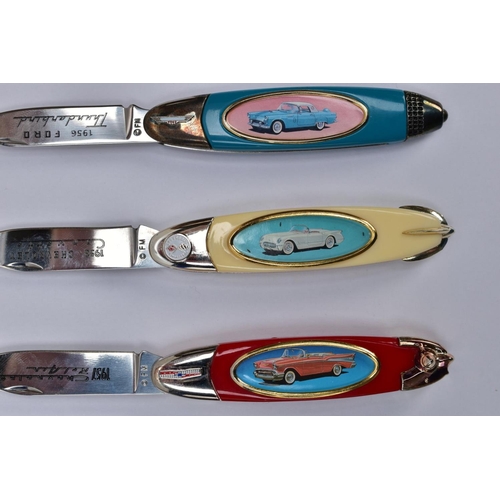 99 - SIX FRANKLIN MINT COLLECTOR KNIVES, all displaying classic cars to the handle and their names to the... 