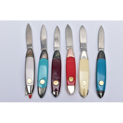 99 - SIX FRANKLIN MINT COLLECTOR KNIVES, all displaying classic cars to the handle and their names to the... 