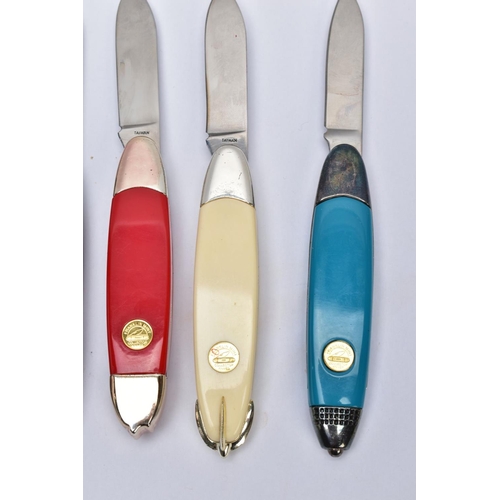 99 - SIX FRANKLIN MINT COLLECTOR KNIVES, all displaying classic cars to the handle and their names to the... 