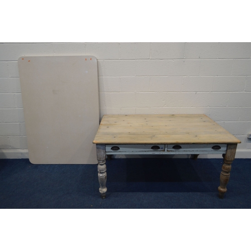 1361 - A VICTORIAN PINE KITCHEN TABLE with two drawers, on turned legs, length 153cm x depth 104cm x height... 