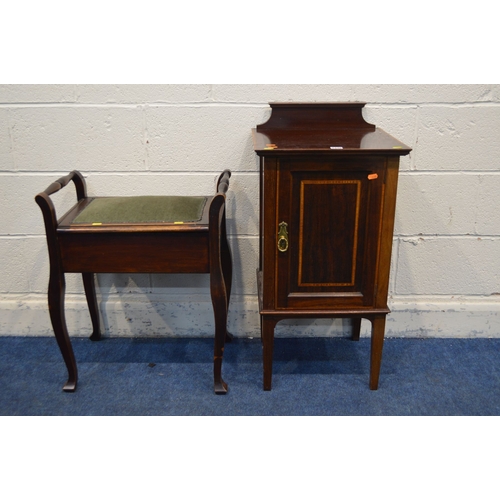 1362 - AN EDWARDIAN MAHOGANY AND INLAID POT CUPBOARD together with an Edwardian piano stool (2)