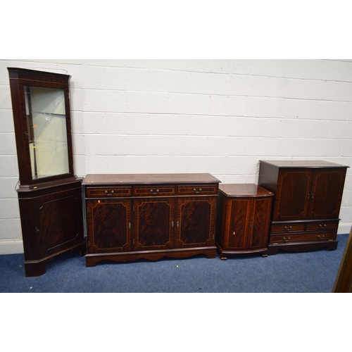 1364 - A MODERN MAHOGANY GLAZED SINGLE DOOR CORNER CUPBOARD, together with a three drawer sideboard, two do... 