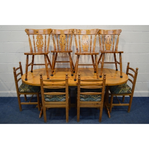 1366 - A MODERN PITCH PINE KITCHEN TABLE, 199cm x depth 90cm x height 73cm, four ladder backs and four othe... 