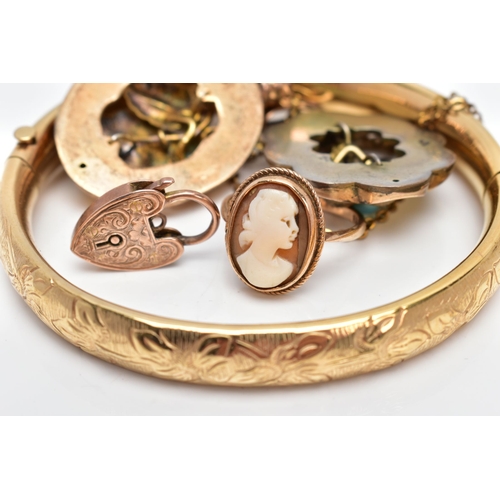 63 - A SELECTION OF JEWELLERY, to include a 9ct gold cameo ring depicting a lady in profile within a coll... 