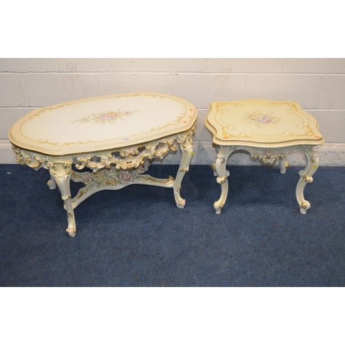 1330 - A SILIK BAROQUE STYLE ITALIAN COFFEE TABLE, rounded end, crackle finish, gold trim and painted flora... 