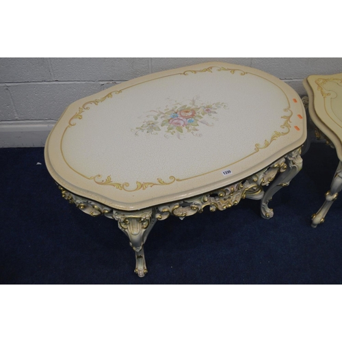 1330 - A SILIK BAROQUE STYLE ITALIAN COFFEE TABLE, rounded end, crackle finish, gold trim and painted flora... 