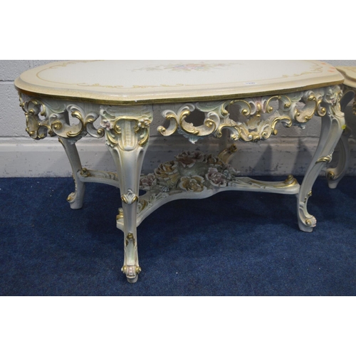 1330 - A SILIK BAROQUE STYLE ITALIAN COFFEE TABLE, rounded end, crackle finish, gold trim and painted flora... 