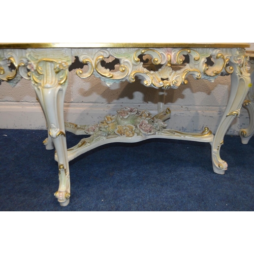 1330 - A SILIK BAROQUE STYLE ITALIAN COFFEE TABLE, rounded end, crackle finish, gold trim and painted flora... 