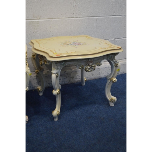 1330 - A SILIK BAROQUE STYLE ITALIAN COFFEE TABLE, rounded end, crackle finish, gold trim and painted flora... 