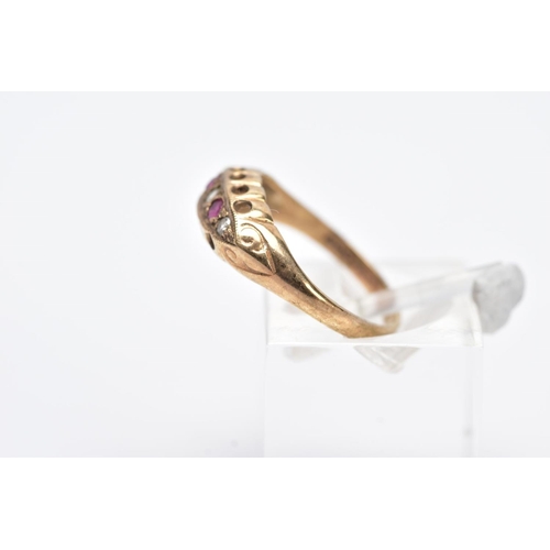 14 - A 9CT GOLD FIVE STONE BOAT RING, designed with a central single cut diamond interspaced with circula... 