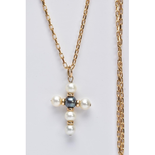 18 - A 9CT GOLD CULTURED PEARL PENDANT NECKLET, the cross pendant made of a central black pearl and white... 