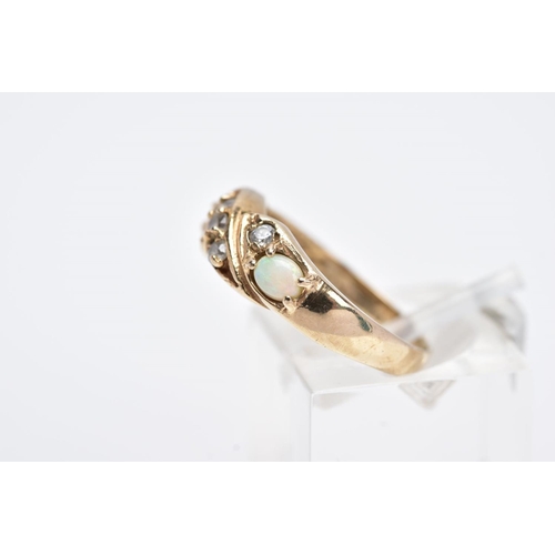 21 - A 9CT GOLD OPAL RING, of a crossover design, set with five circular cut colourless cubic zirconia st... 