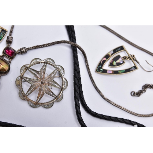 23 - A SELECTION OF WHITE METAL JEWELLERY, to include a pair of triangular openwork drop earrings, set wi... 