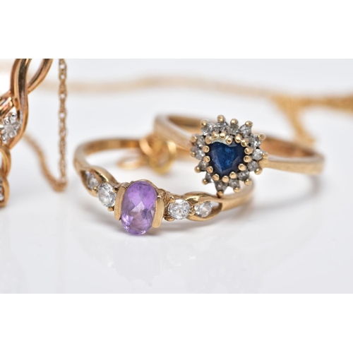 30 - THREE ITEMS OF JEWELLERY TO INCLUDE, a 9ct gold sapphire and diamond heart shaped cluster ring, a 9c... 