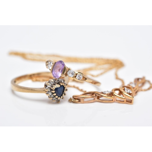 30 - THREE ITEMS OF JEWELLERY TO INCLUDE, a 9ct gold sapphire and diamond heart shaped cluster ring, a 9c... 