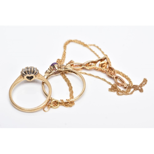 30 - THREE ITEMS OF JEWELLERY TO INCLUDE, a 9ct gold sapphire and diamond heart shaped cluster ring, a 9c... 