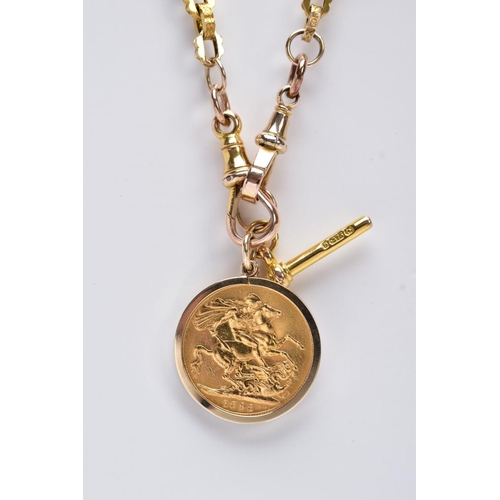 33 - A MOUNTED FULL SOVEREIGN PENDANT AND 9CT GOLD CHAIN, the full sovereign dated 1898, within a plain p... 