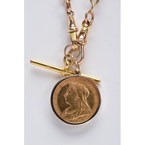 33 - A MOUNTED FULL SOVEREIGN PENDANT AND 9CT GOLD CHAIN, the full sovereign dated 1898, within a plain p... 
