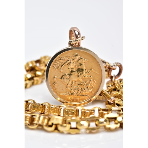 33 - A MOUNTED FULL SOVEREIGN PENDANT AND 9CT GOLD CHAIN, the full sovereign dated 1898, within a plain p... 