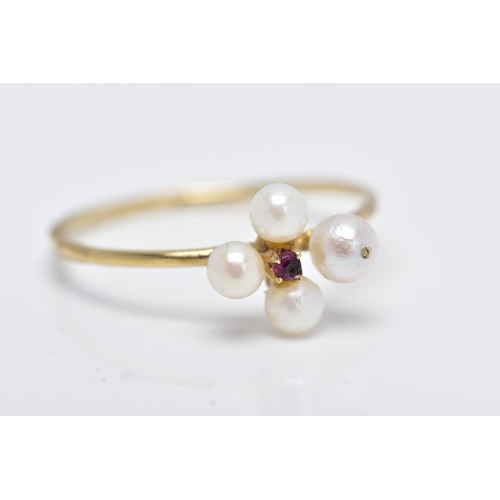 43 - A 9CT GOLD RUBY AND PEARL RING, set with a central circular cut ruby within a four cultured pearl su... 