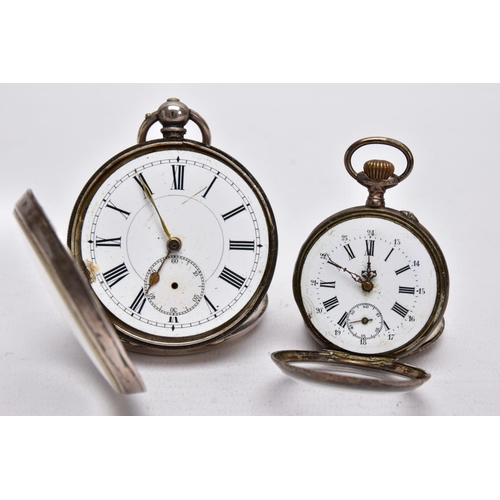 48 - TWO OPEN FACED POCKET WATCHES, the first with a round  white dial, Roman numerals, seconds subsidiar... 