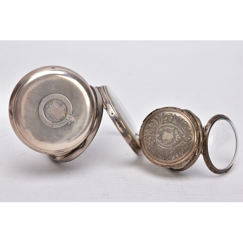 48 - TWO OPEN FACED POCKET WATCHES, the first with a round  white dial, Roman numerals, seconds subsidiar... 